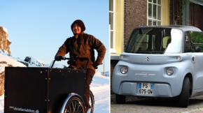 Deux véhicules intermédiaires différents : un vélo-cargo et une voiturette